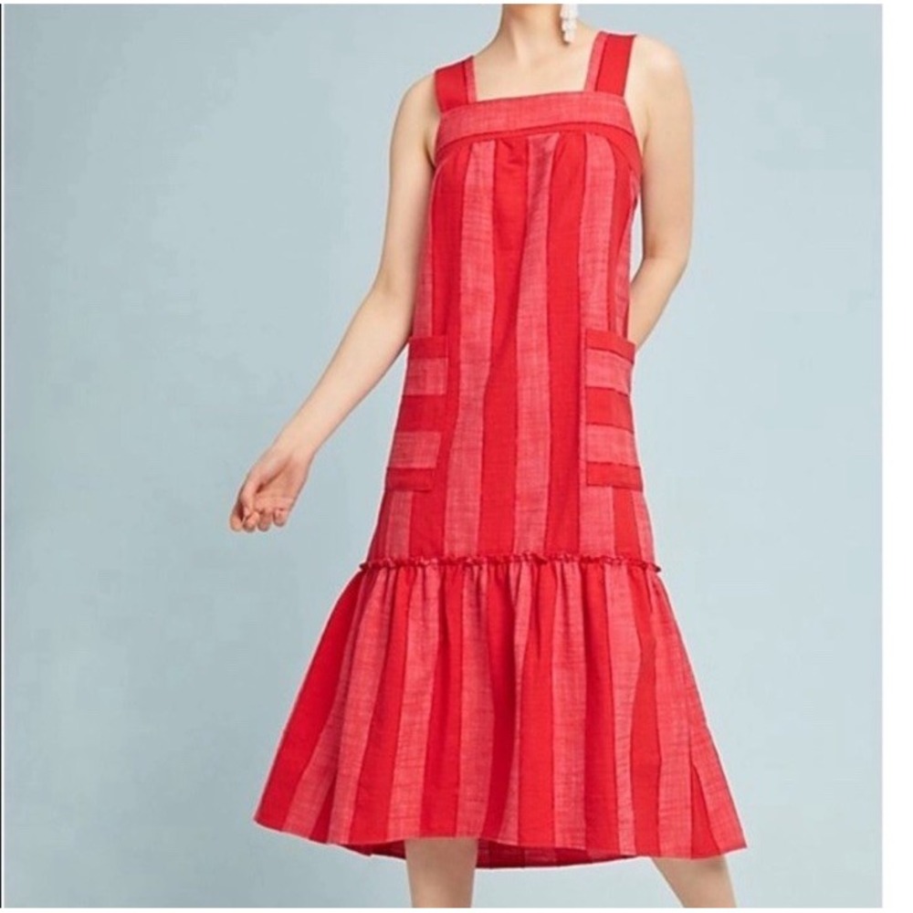 Anthropologie Maeve Tonal Striped Dress‎ Women's Large Red Pockets Drop Waist